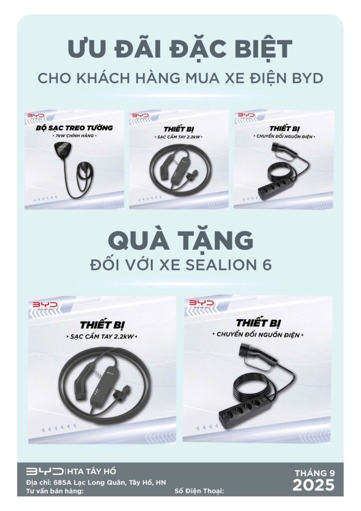 🎉 ƯU ĐÃI ĐẶC BIỆT – THÁNG 9/2025 🎉 BYD Tây Hồ hân hạnh mang đến chương trình quà tặng hấp dẫn dành cho khách hàng mua xe điện trong tháng 9 này. Không chỉ sở hữu những mẫu xe điện hiện đại, sang trọng và tiết kiệm, quý khách còn nhận ngay bộ quà tặng công nghệ cao giúp việc sạc xe trở nên tiện lợi, an toàn và hiệu quả hơn. 🎁 Quà tặng kèm theo: Bộ sạc treo tường 7kW chính hãng Thiết bị sạc cầm tay 2.2kW Thiết bị chuyển đổi nguồn điện
